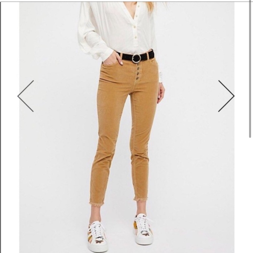 Free People Reagan Raw Hem Mid Rise Corduroy Pants in Tan Latte Neutral Brown